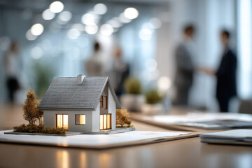 Miniature model of a modern house with illuminated windows placed on a table in a bright office environment, with blurred figures discussing in the background, showcasing architectural design