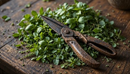 Rusty handheld shears resting on a bed of mixed fresh herbs (basil, oregano, sage) on a farmhouse table