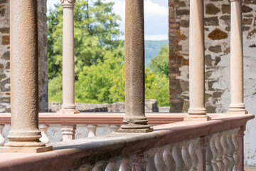 Stone columns in the courtyard of a historic castle