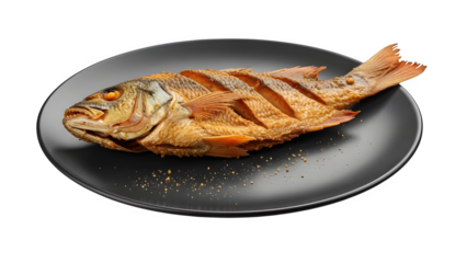 Whole fried fish served on a black plate, isolated on transparent background
