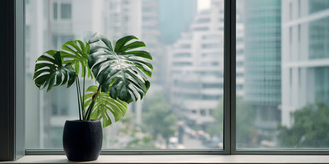 Minimalist green monstera plant in black pot nature decor