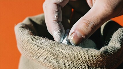 Close-up of a chalk-covered hand reaching into a textured fabric bag, suggesting preparation for a workout or climb.