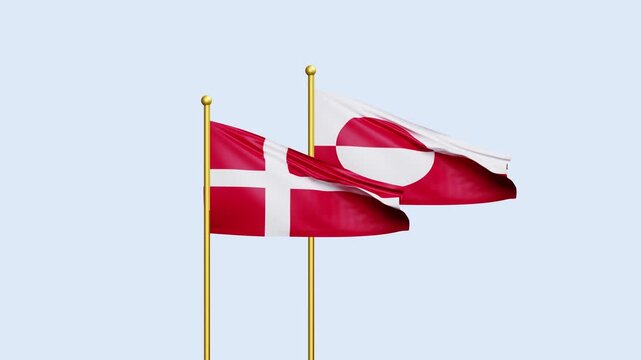Denmark and Greenland flag waving together on blue sky, looped video, two country cooperation concept
