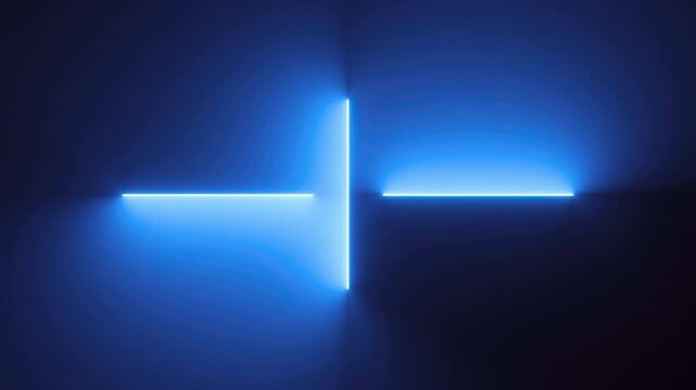 4k looping 3d animation, abstract neon background with rotating glowing lines. Dark wall illuminated with blue luminescent lamps