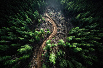 Aerial view of a winding dirt road cutting through a lush green forest, showcasing the contrast between untouched nature and deforested land, highlighting environmental concerns