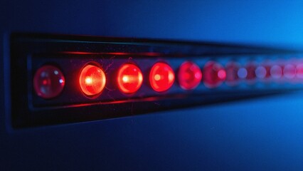 Close-up of a row of bright red LED lights glowing on a dark blue background, symbolizing technology, data, and digital processes with an abstract futuristic feel.