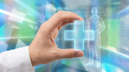 Medical cross hologram digital health hospital medic support for doctor insurance patient care stethoscope medicine future concept the Health insurance concept in hospital background