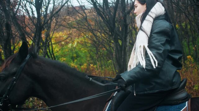 A close-up of a beautiful dark-haired woman sitting astride a dark horse, holding the reins and looking happily at the camera. A horseback ride through an autumn forest on cloudy day. Equestrian sport