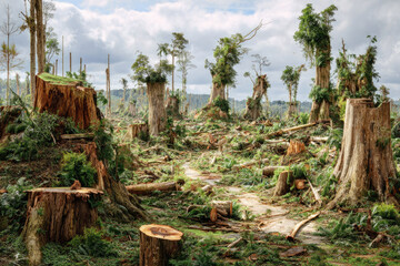Deforested landscape with tree stumps and regrowth, showcasing the impact of logging on nature, highlighting environmental concerns and the need for conservation efforts