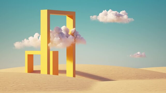 3d animation, Surreal desert landscape with white clouds going into the yellow square portal on sunny day. Modern minimal abstract background