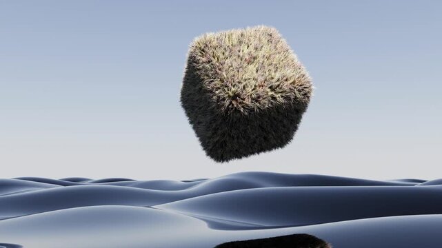 Hair fur cube on wave sea able to loop endless 4k