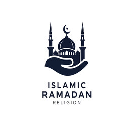 A stylized illustration depicts a mosque cradled within a hand symbolizing islamic faith during ramadan celebrations