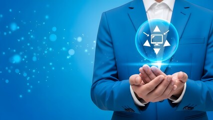 Professional presenting a glowing network icon, symbolizing digital connectivity, secure data exchange, and innovative business solutions in a modern technological environment