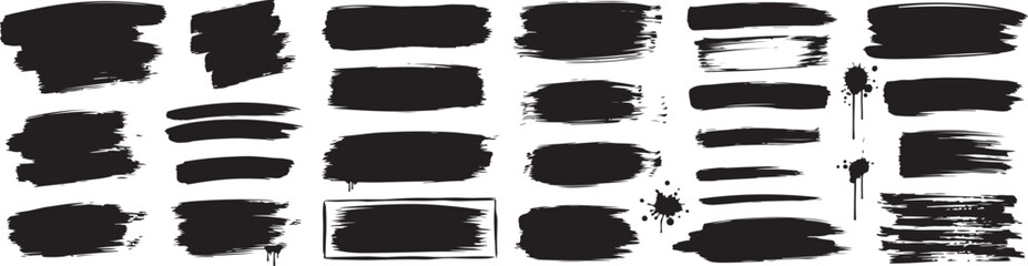 Vector brush streaks pack with marker and ink strokes. Bold paint brush lines, thick hand drawn grunge shapes, and black ink stroke set eps