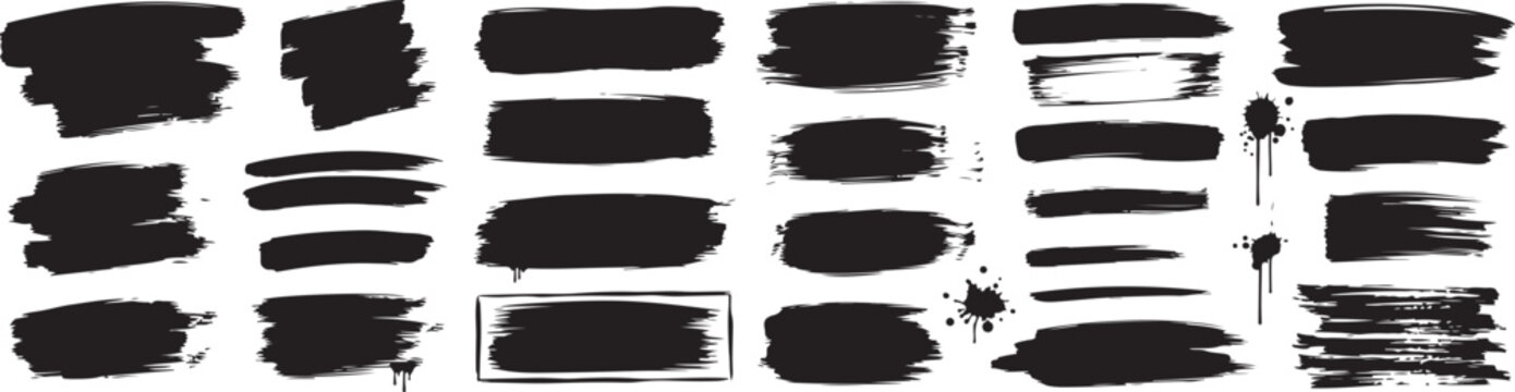 Vector brush streaks pack with marker and ink strokes. Bold paint brush lines, thick hand drawn grunge shapes, and black ink stroke set eps