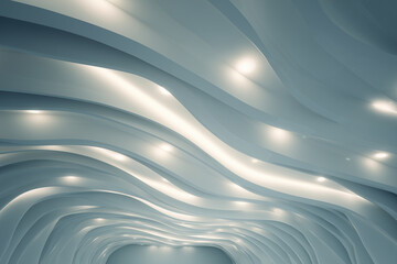 Fototapeta premium A living ceiling surface with slow organic motion and embedded soft light nodes. Futuristic interior, smart material design. Modern, futuristic indoor hall, futuristic wavy construction.