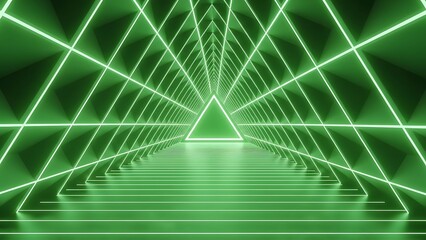 Green neon triangle tunnel abstract background perspective