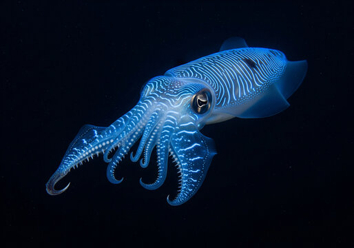 Vampire squid emitting blue light patterns in deep sea abyss mystery.