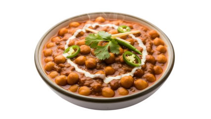 Delicious chana masala or chole curry served in a bowl, garnished with cream swirl and fresh cilantro and green chili slices isolated on transparent background