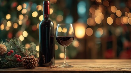 Red wine bottle and glass for holiday celebration