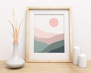 Minimalist landscape art print in wooden frame