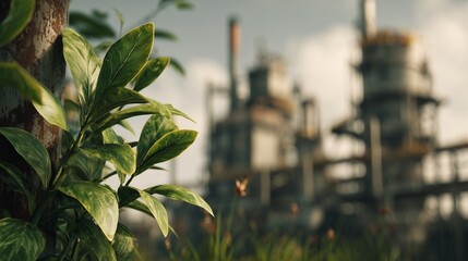 The contrast of nature and machinery: a living plant in a factory setting