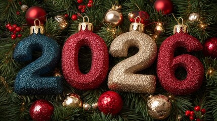 New year 2026 glittery bauble decorations