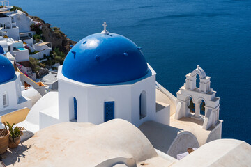 Blue domed Churches of Oia, Santorini in Greece