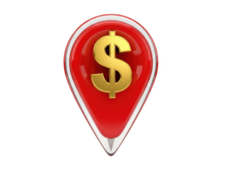 Red map pin with golden dollar symbol isolated on transparent background