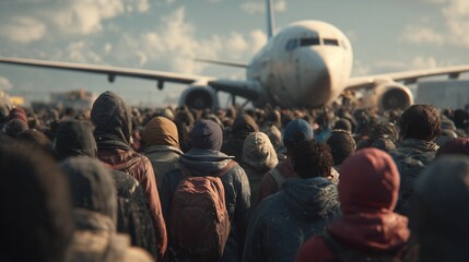Large crowd of people facing grounded airplane