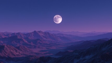Full moon rising over purple mountain range