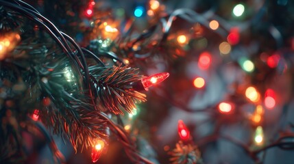 Christmas tree branches with colorful glowing lights