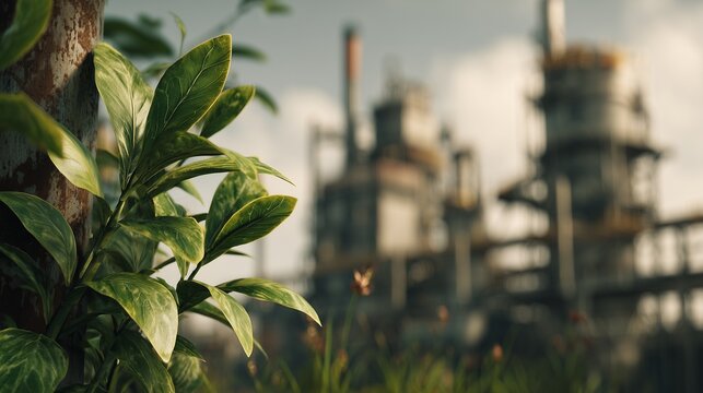 The contrast of nature and machinery: a living plant in a factory setting