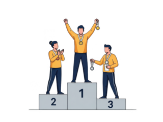 Victorious athlete celebrates on top of podium while others acknowledge their achievements isolated on transparent background