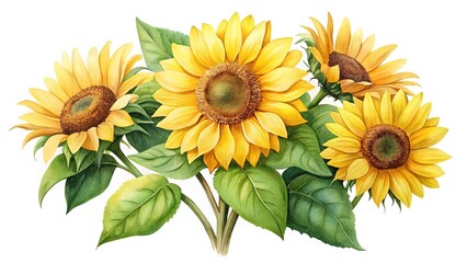 Fototapeta premium Watercolor illustration of a bouquet of bright yellow sunflowers and lush leaves