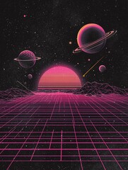 Retro synthwave space landscape with pink sun