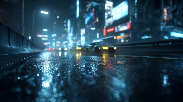 Cyberpunk city street at night with rain