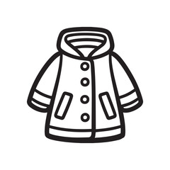 Hooded winter jacket outline illustration with buttons pockets simple black vector design. © shahariea