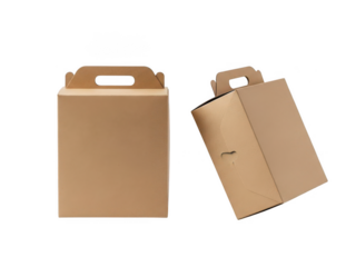 Brown cardboard boxes with handles for easy carrying isolated on transparent background