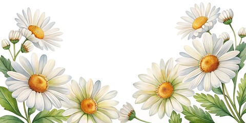 Watercolor Daisy Border Arrangement with Open Flowers and Buds on White Background