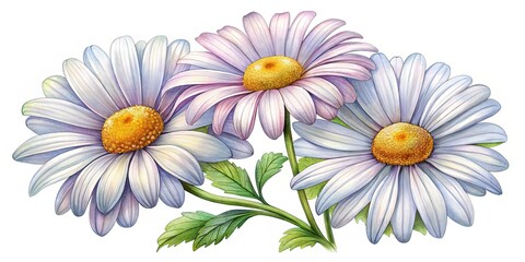 Watercolor Illustration of Three Daisy Flowers with White and Purple Petals