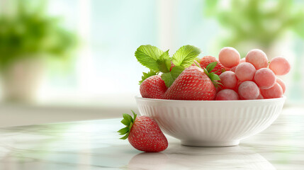 White bowl with frozen strawberries and pink grapes on marble table with mint leaves in bright kitchen interior
