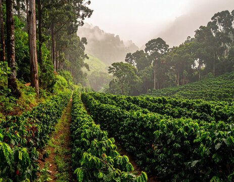 Rows of coffee plants grow under the shade of tall trees in the misty mountains of Bocono region.