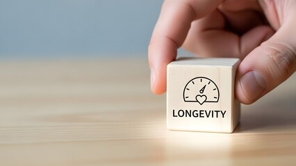 Hand Holding Wooden Block with Longevity Text and Heart Meter, Symbolizing Health and Life Planning Concept
