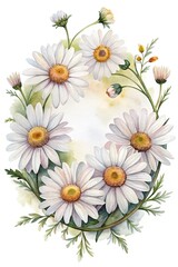 Fototapeta premium Watercolor painting showcasing a wreath of white daisies with green foliage