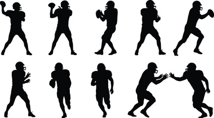 Black American football player silhouette collection with athletes throwing running and catching in various poses isolated on white background for sports.
