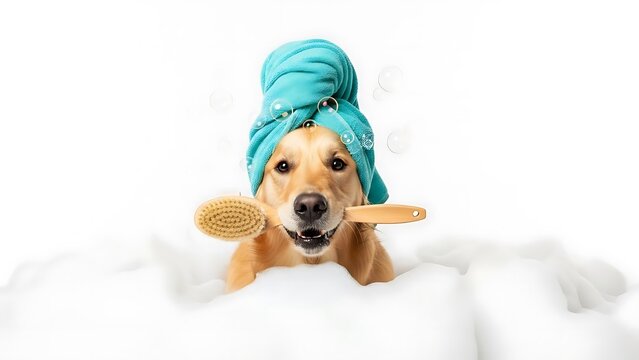 Golden retriever dog wearing a towel turban and holding a brush in its mouth, ready for a spa day