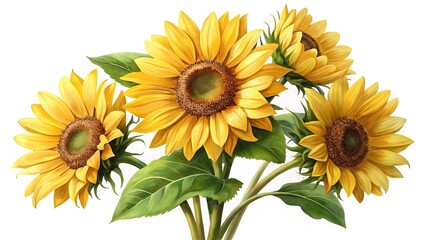 Elegant Sunflower Bouquet Art, Bright Yellow Petals and Fresh Green Leaves on White