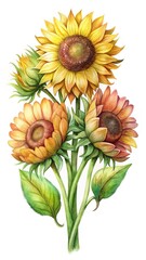 Watercolor Painting of a Bouquet of Sunflowers on a White Background