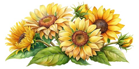 Watercolor sunflowers in full bloom with vibrant yellow petals and green leaves